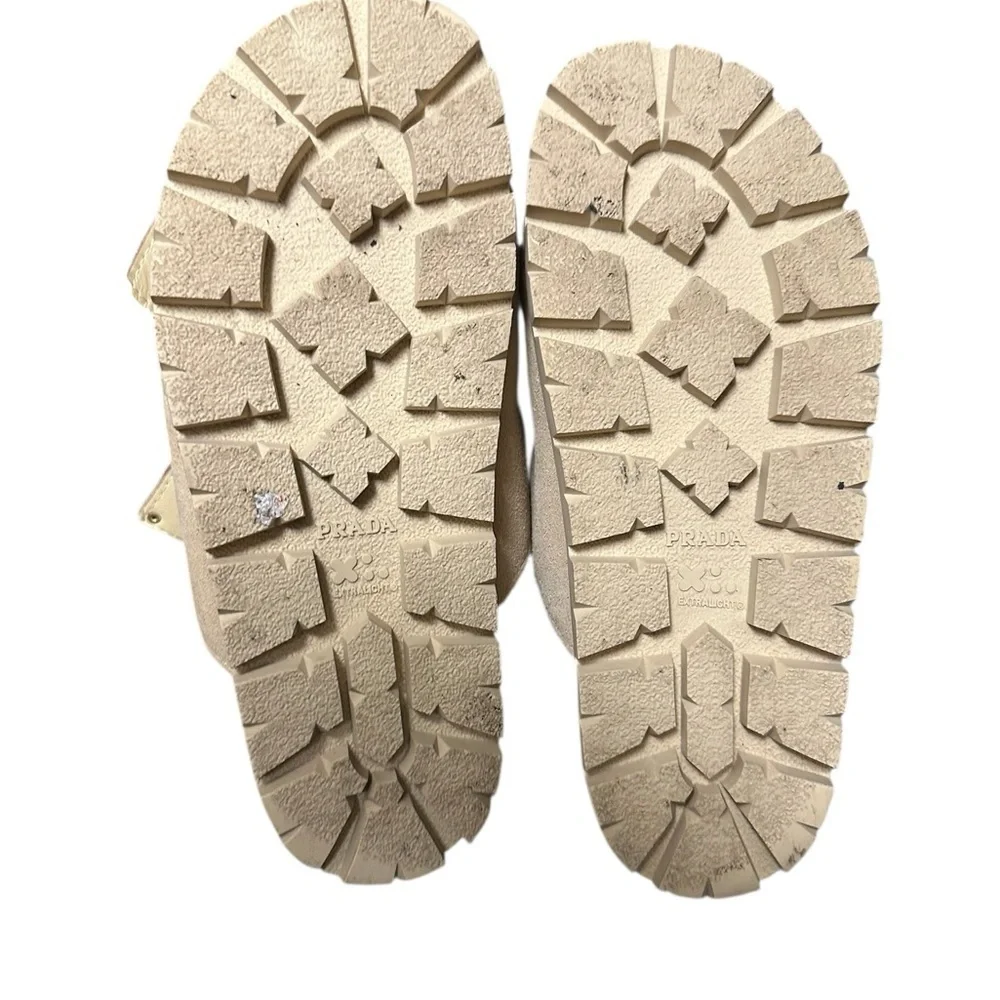 Prada Beige Suede Sandals with Gold Buckles, sz 37 pre-owned